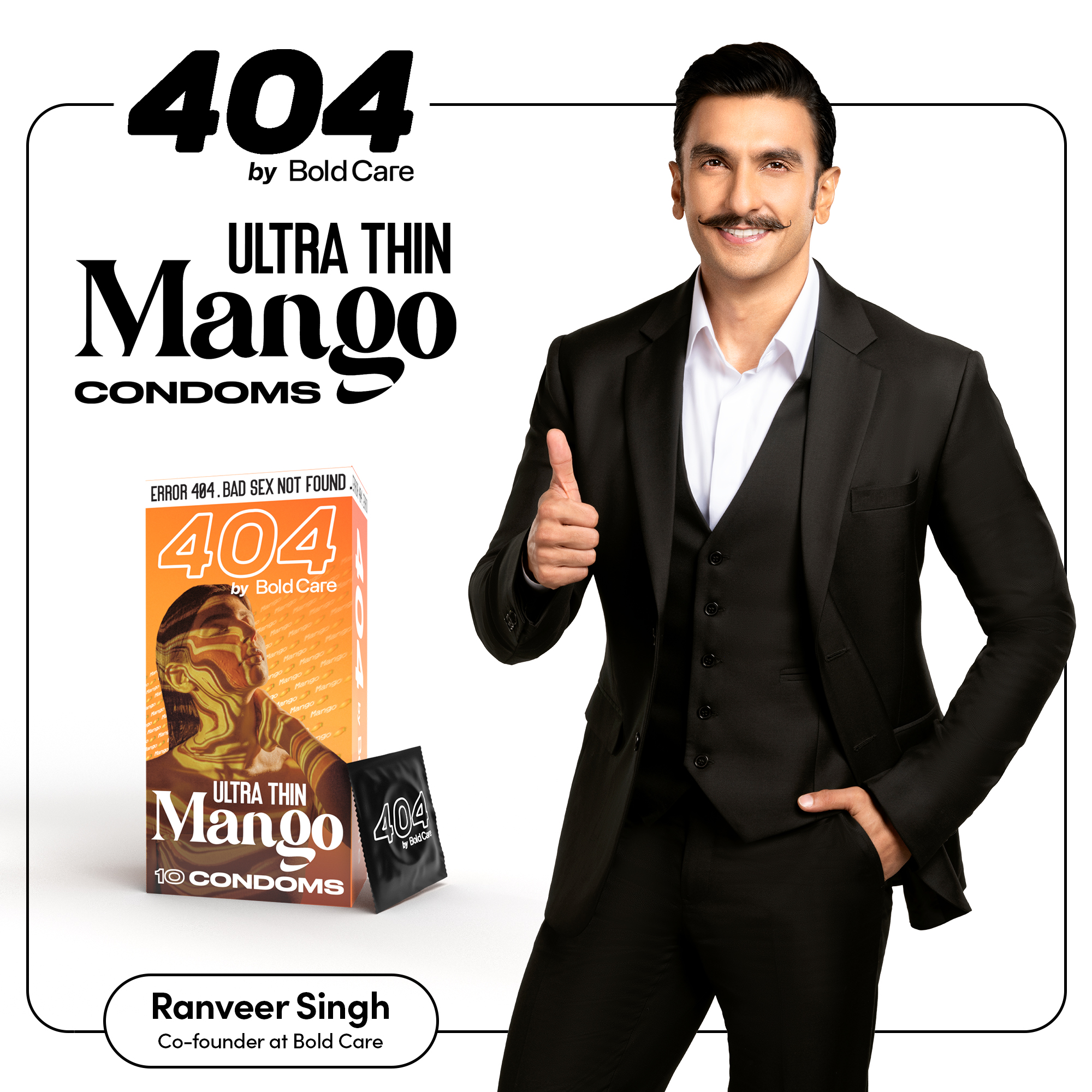 404 by Bold Care Super Ultra Thin Mango Flavored Condoms For Men | 60  Microns | 10 Units | Intense Fit with a Barely There Feel | With Disposable  Pouches | Bold Care™